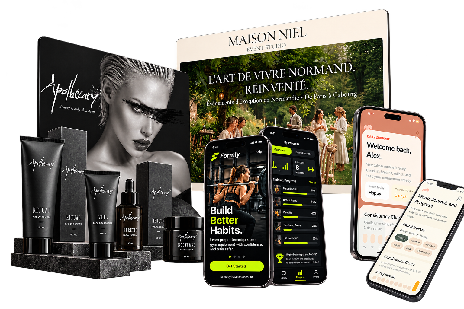Selected design work: Apothecary skincare branding, Maison Niel website, and Formly and Neurah mobile apps.