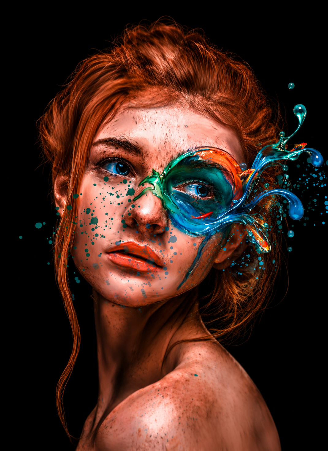 Expressive red-haired portrait with flowing teal and blue paint, illustrating the emotional power of visual design
